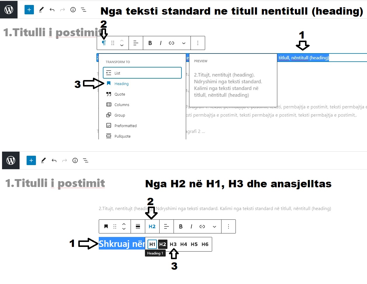 Transformimi nga tekst standard (Paragraph) në titull, nëntitull (Heading) dhe transformimi nga H2 në H1, H3, H4 dhe anasjelltas.